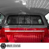 Nissan Navara 2015-2023 NP300 Truckman GLS Hardtop Canopy with remote locking showcased inside a pickup bed, featuring a dome light and branded BRUTE STATUS.