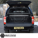 Nissan Navara 2015-2023 NP300 Truckman GLS Hardtop Canopy with remote locking, rear hatch open, showing empty cargo bay and bed liner.