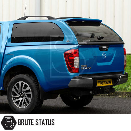 Nissan Navara 2015-2023 NP300 Truckman Grand Hardtop Canopy with remote locking, showcasing rear design, Truckman branding, and Brute Status watermark.