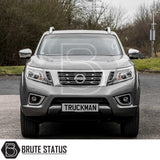 Silver-grey Nissan Navara NP300 with Truckman Grand Hardtop Canopy, featuring remote locking and tinted windows, parked outdoors; Brute Status watermark visible.