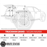 Line drawing of Truckman Grand Hardtop Canopy on Nissan Navara, highlighting dimensions A-E. Features remote locking, pop-out windows, and luxurious interior.