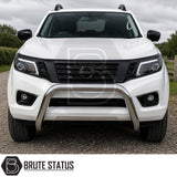 Front heavy duty offroad 4x4 pickup truck bull bar reinforcement fitted to white Nissan Navara, perfect for overlanding set ups, all mounting hardware fittings included. 