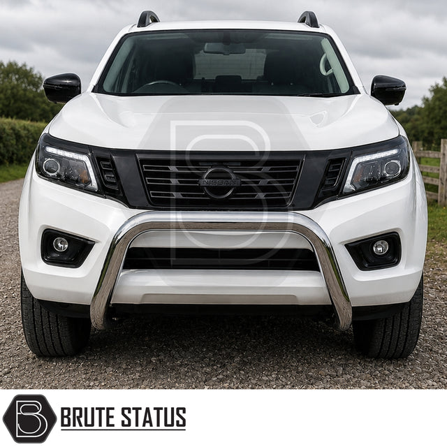 Front heavy duty offroad 4x4 pickup truck bull bar reinforcement fitted to white Nissan Navara, perfect for overlanding set ups, all mounting hardware fittings included. 