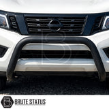 Front heavy duty matte black powder coated bull bar fitted to Nissan Navara NP300 pickup truck offroad 4x4 vehicle. All mounting hardware included. 