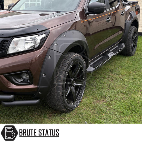 Heavy duty steel carbon steel side steps fitted to Nissan Navara, includes everything needed to install for easy and straightforward into existing points. Suitable for overlanding 4x4 pick up truck set ups. 