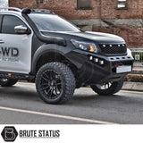 Heavy duty winch front bumper for Nissan Navara NP300 2015-2022 with matte black finish and integrated bright LED lights