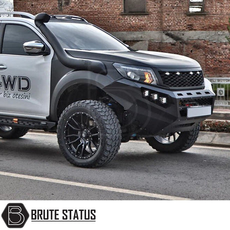 Heavy duty winch front bumper for Nissan Navara NP300 2015-2022 with matte black finish and integrated bright LED lights