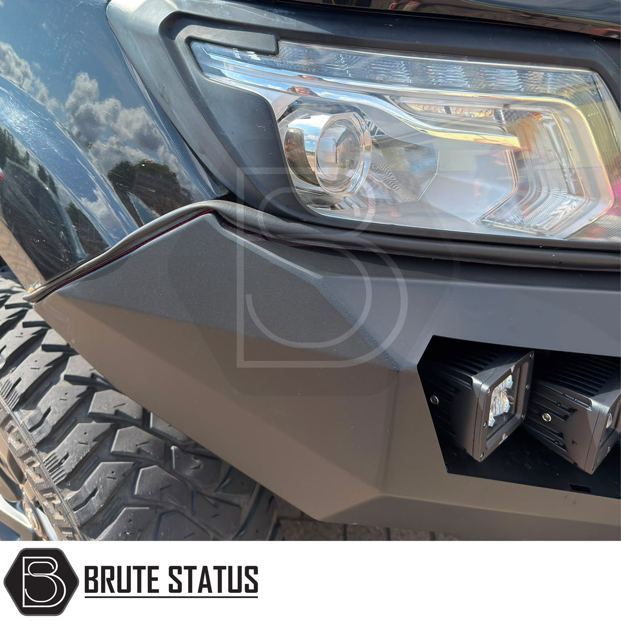 Nissan Navara NP300 2015-2022 off road front bumper with winch mounting space, LED lights and heavy duty matte black steel design