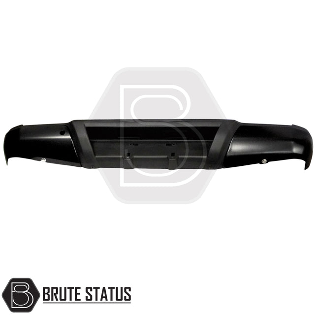 Black rear bumper for Nissan Navara NP300 2015–2022 with one parking sensor hole per side and integrated step pads. 