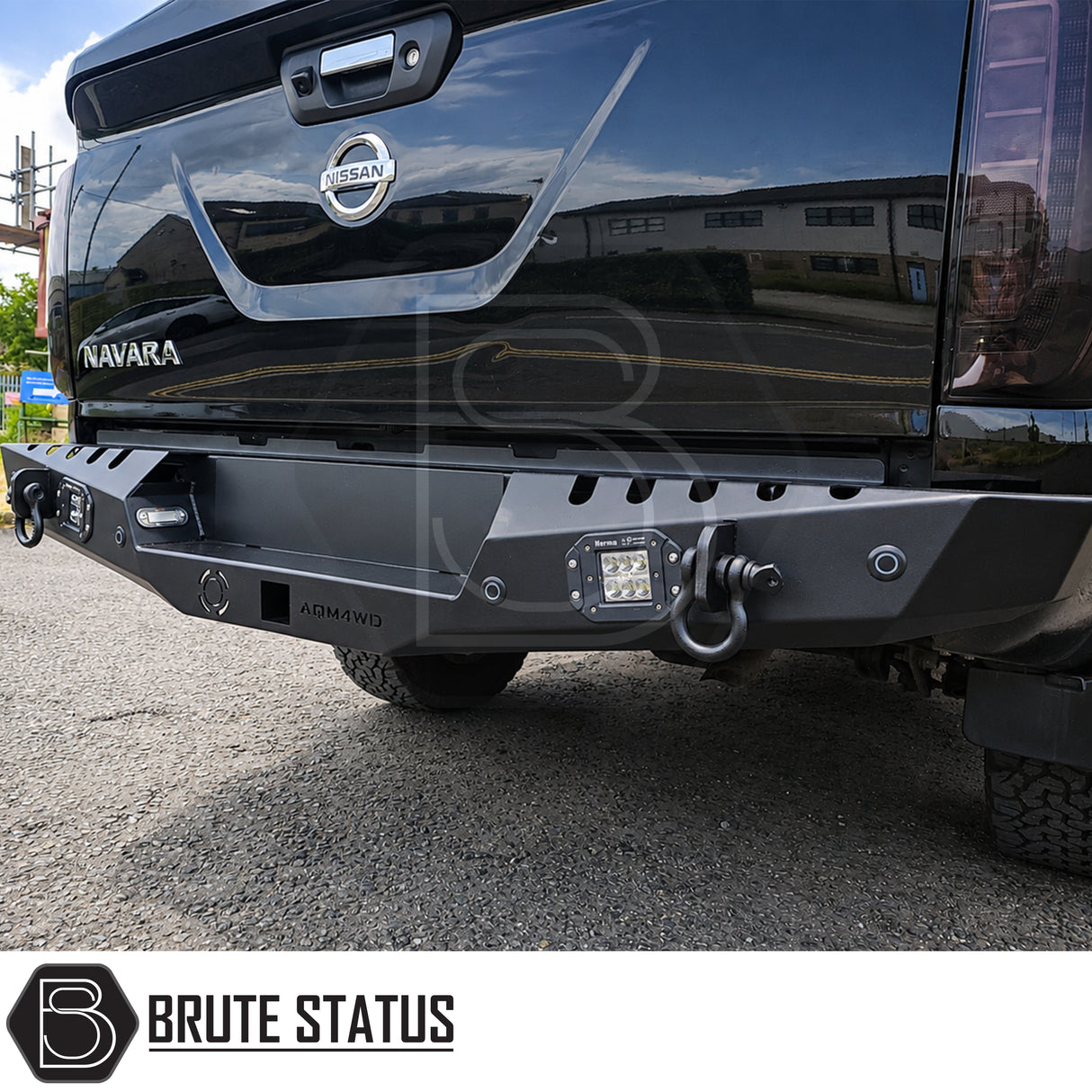 Nissan Navara NP300 2015-2022 matte black rear bumper, heavy-duty carbon steel rear bumper upgrade with parking sensor compatibility and integrated rear lights.