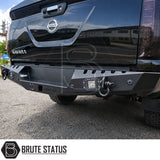 Nissan Navara NP300 2015-2022 matte black rear bumper, heavy-duty carbon steel rear bumper upgrade with parking sensor compatibility and integrated rear lights.
