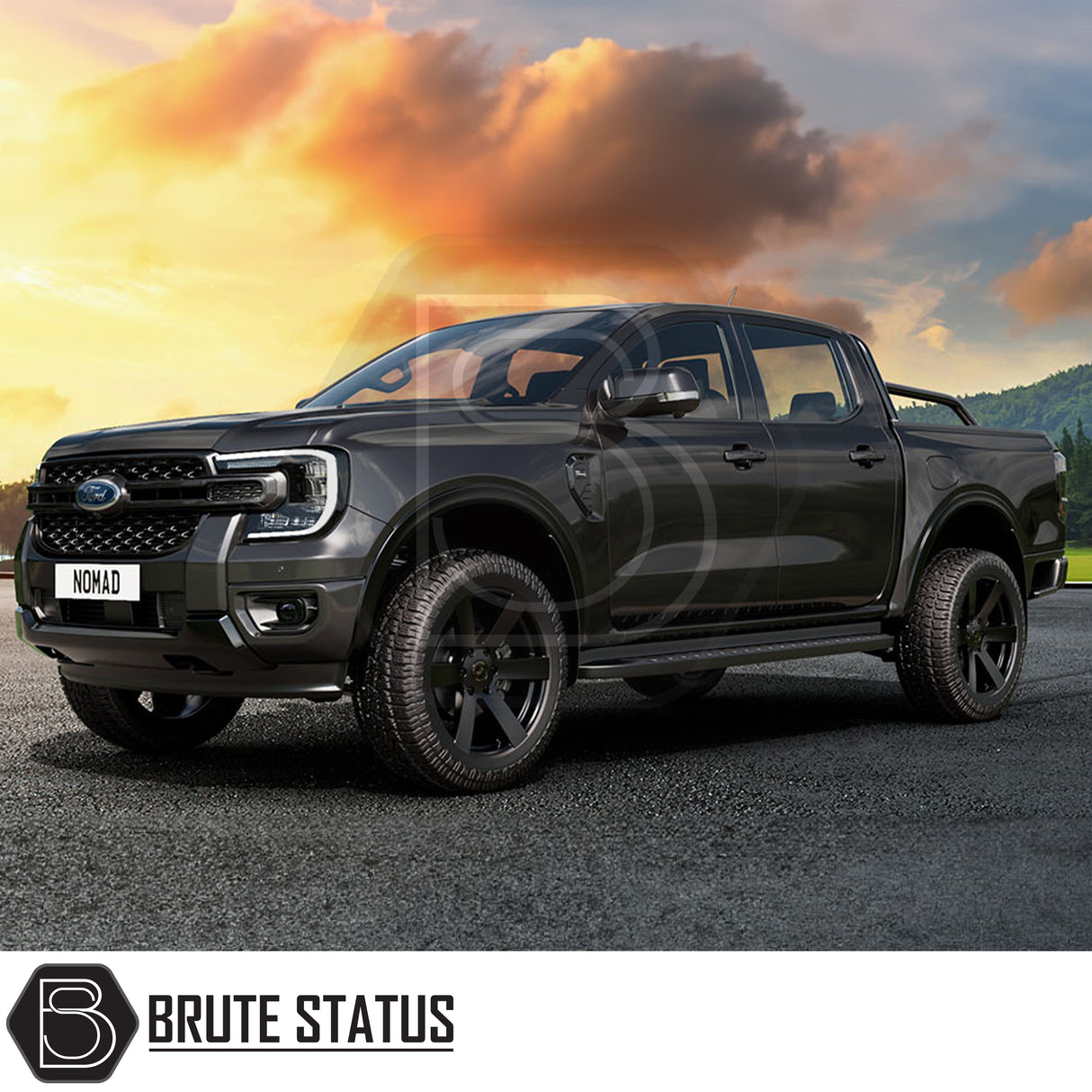 Hawke Nomad matte black wheels featuring 20x9.5 fitment, precision-engineered construction and aggressive multi-spoke design fitted to black Ford Ranger pickup truck offroad 4x4 vehicle. 