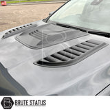 Universal matte black ABS bonnet vents with adhesive tape, no-drill install, UV resistant, fits most trucks, includes all parts
