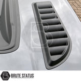Universal matte black ABS bonnet vents with adhesive tape, no-drill install, UV resistant, fits most trucks, includes all parts