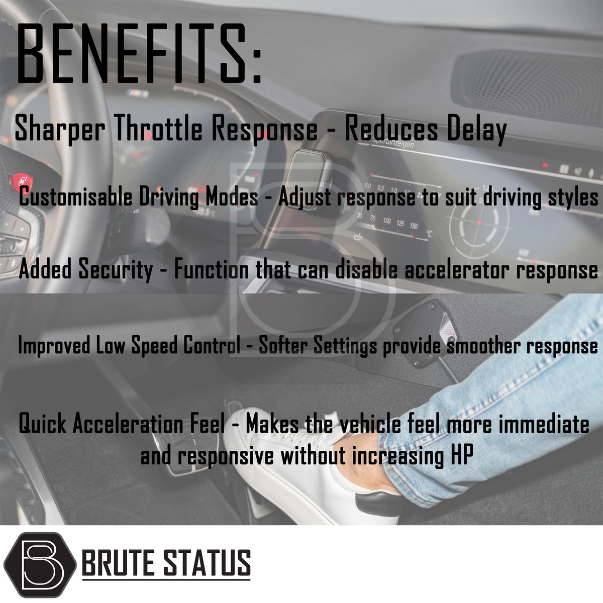 Vehicle benefits outlined in security aspects on Race Chip XLR5 Throttle controller module box. Better security, faster accelerator response and sharper throttle response. 