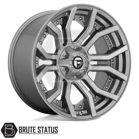 Fuel Rage alloy wheels in brushed gunmetal grey, premium 20x9 off-road wheels with 6x139.7 PCD for pickup trucks and 4x4 vehicles.