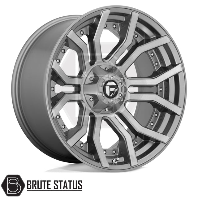 Fuel Rage alloy wheels in brushed gunmetal grey, premium 20x9 off-road wheels with 6x139.7 PCD for pickup trucks and 4x4 vehicles.