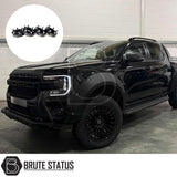 Ford Ranger 2023+ wide ABS wheel arches with chrome rivets and no-drill 3M tape fitment, paired with 35mm hub-centric 6061-T6 alloy wheel spacers with M12x1.5 studs for increased track and clearance