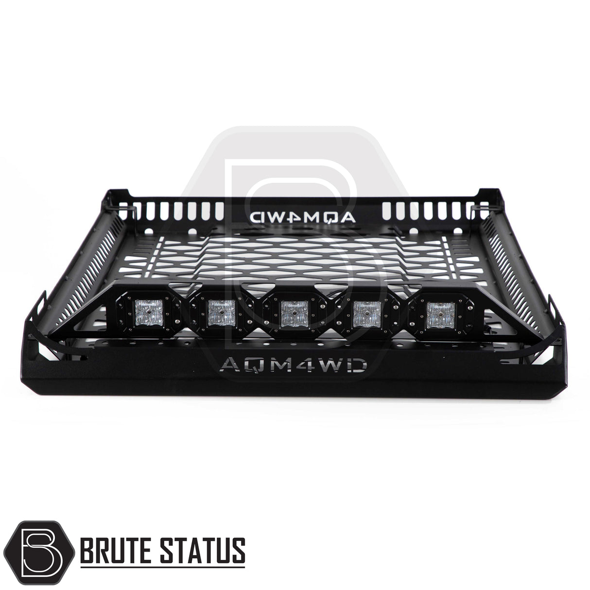 Universal combat style roof basket in matte black steel with optional LED light bar mounted, designed for pickup trucks with roof cross bars. 