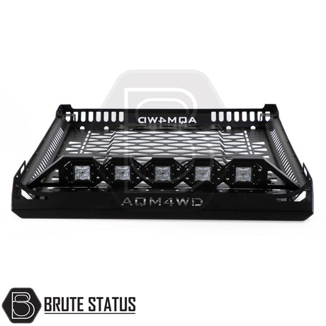 Universal combat style roof basket in matte black steel with optional LED light bar mounted, designed for pickup trucks with roof cross bars. 
