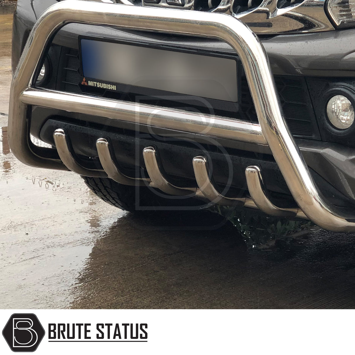 Chrome nudge bar fitted to a 2018–2021 SsangYong Musso, manufactured from durable carbon steel to enhance styling and provide bumper protection, featuring a TÜV-certified, no-drill, DIY installation using chassis-mounted U-brackets.