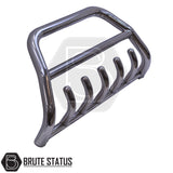 Chrome nudge bar fitted to a 2018–2021 SsangYong Musso, manufactured from durable carbon steel to enhance styling and provide bumper protection, featuring a TÜV-certified, no-drill, DIY installation using chassis-mounted U-brackets.