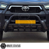 Matte black city bar fitted to a 2018–2021 SsangYong Musso, manufactured from durable carbon steel to enhance styling and provide bumper protection, featuring a TÜV-certified, no-drill, DIY installation using chassis-mounted U-brackets.