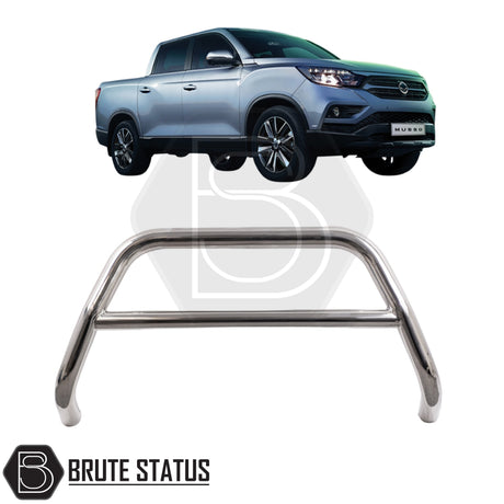 Chrome A-Bar nudge bar for SsangYong Musso pickup truck (2018–2021), designed for bumper protection and enhanced styling.