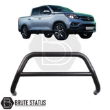 Matte black city bar for a SsangYong Musso 2018-2021, made from durable carbon steel to enhance styling and provide bumper protection, featuring a TÜV-certified, no-drill, DIY installation using chassis-mounted U-brackets.