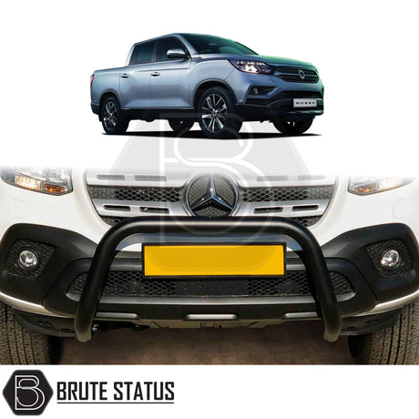 black bull/nudge bar for the ssangyong musso pickup truck, showcasing its rugged design and protective build