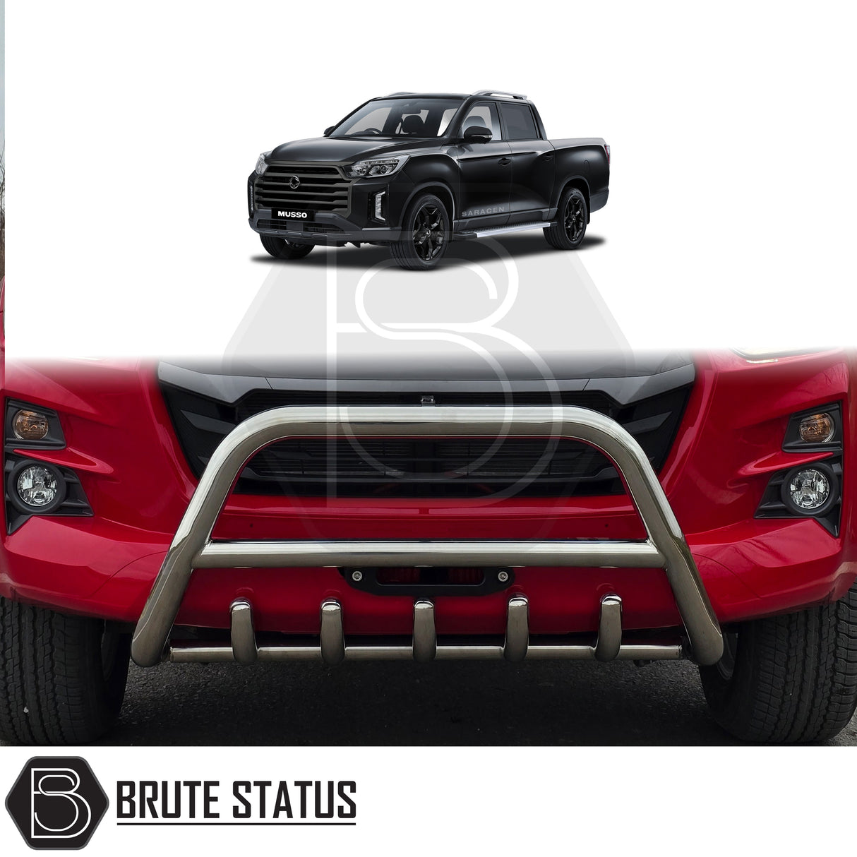 Chrome nudge bar fitted to a 2018–2021 SsangYong Musso, manufactured from durable carbon steel to enhance styling and provide bumper protection, featuring a TÜV-certified, no-drill, DIY installation using chassis-mounted U-brackets.