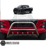 Chrome nudge bar fitted to a 2018–2021 SsangYong Musso, manufactured from durable carbon steel to enhance styling and provide bumper protection, featuring a TÜV-certified, no-drill, DIY installation using chassis-mounted U-brackets.