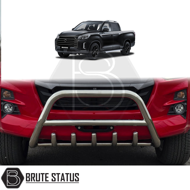 Chrome nudge bar fitted to a 2018–2021 SsangYong Musso, manufactured from durable carbon steel to enhance styling and provide bumper protection, featuring a TÜV-certified, no-drill, DIY installation using chassis-mounted U-brackets.