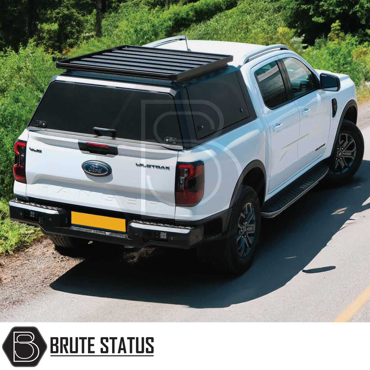 Heavy-duty steel rear canopy with Line-X coating, multi-access doors, and roof rails for Ford Ranger 2023+ pickup truck