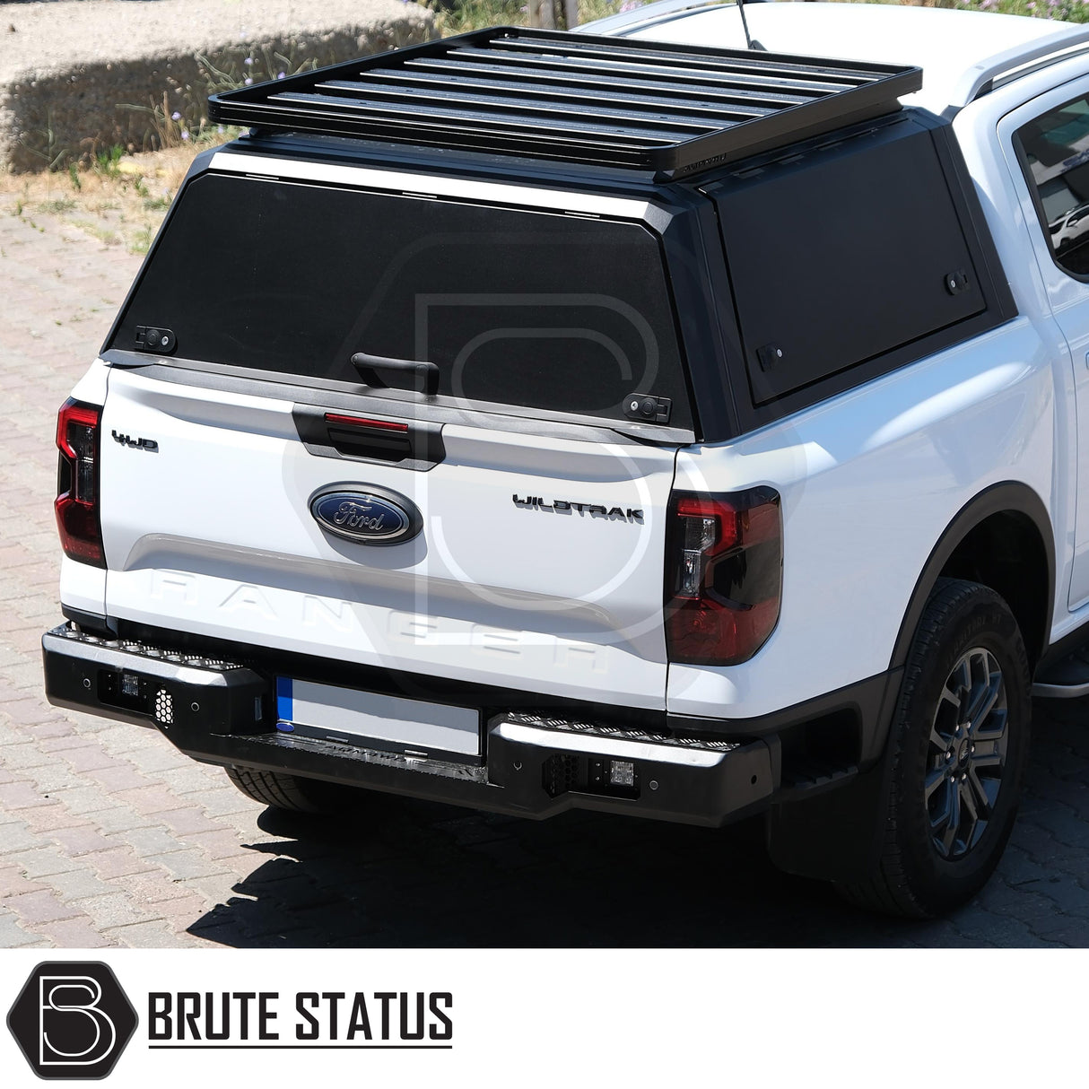 Heavy-duty steel rear canopy with Line-X coating, multi-access doors, and roof rails for Ford Ranger 2023+ pickup truck