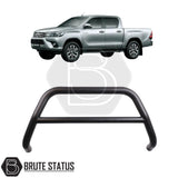 Matte black city bar fitted to a 2016-2020 Toyota Hilux, made from durable carbon steel to enhance styling and provide bumper protection, featuring a TÜV-certified, no-drill, DIY installation using chassis-mounted U-brackets.