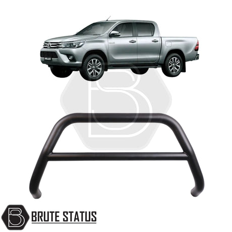 Matte black city bar fitted to a 2016-2020 Toyota Hilux, made from durable carbon steel to enhance styling and provide bumper protection, featuring a TÜV-certified, no-drill, DIY installation using chassis-mounted U-brackets.