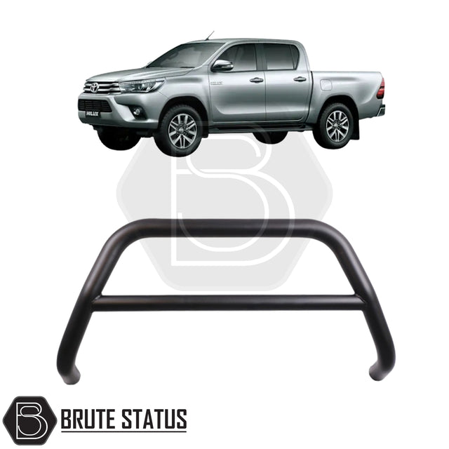 Matte black city bar fitted to a 2016-2020 Toyota Hilux, made from durable carbon steel to enhance styling and provide bumper protection, featuring a TÜV-certified, no-drill, DIY installation using chassis-mounted U-brackets.