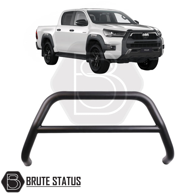 Matte Black A-Bar nudge bar for Toyota Hilux pickup truck (2020+), designed for bumper protection and enhanced styling.