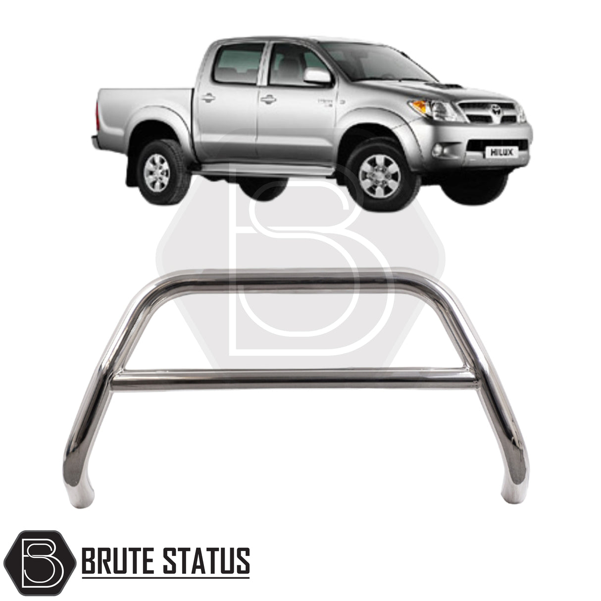 Chrome A-Bar nudge bar for Toyota Hilux pickup truck (2005-2014), designed for bumper protection and enhanced styling.