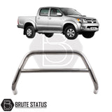 Chrome A-Bar nudge bar for Toyota Hilux pickup truck (2005-2014), designed for bumper protection and enhanced styling.