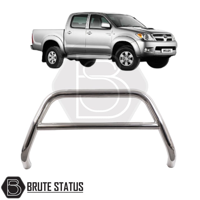 Chrome A-Bar nudge bar for Toyota Hilux pickup truck (2005-2014), designed for bumper protection and enhanced styling.
