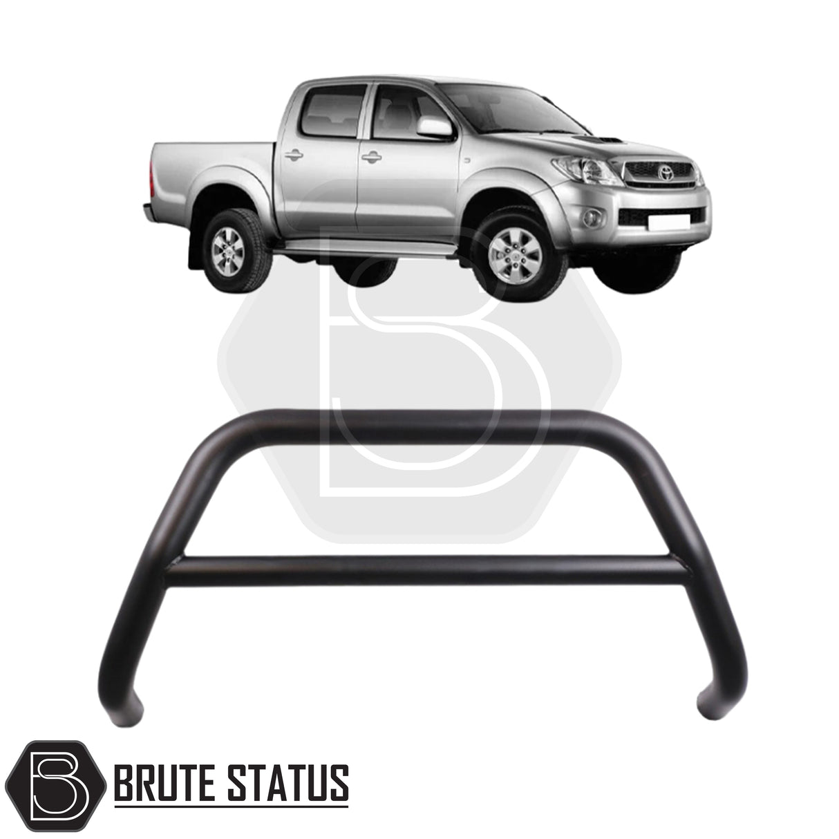 Matte black city bar for a Toyota Hilux 2005-2014, made from durable carbon steel to enhance styling and provide bumper protection, featuring a TÜV-certified, no-drill, DIY installation using chassis-mounted U-brackets.