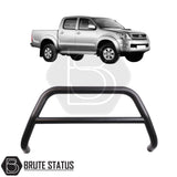 Matte black city bar for a Toyota Hilux 2005-2014, made from durable carbon steel to enhance styling and provide bumper protection, featuring a TÜV-certified, no-drill, DIY installation using chassis-mounted U-brackets.