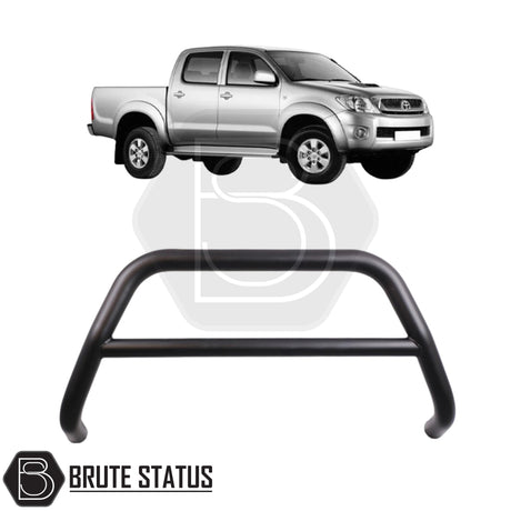 Matte black city bar for a Toyota Hilux 2005-2014, made from durable carbon steel to enhance styling and provide bumper protection, featuring a TÜV-certified, no-drill, DIY installation using chassis-mounted U-brackets.