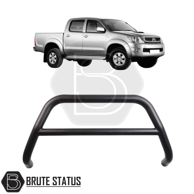 Matte black city bar for a Toyota Hilux 2005-2014, made from durable carbon steel to enhance styling and provide bumper protection, featuring a TÜV-certified, no-drill, DIY installation using chassis-mounted U-brackets.