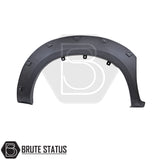 Toyota Hilux 2005–2011 wide wheel arch kit in a riveted fender-flare style. The kit includes textured black, UV-resistant plastic arches with decorative rivet bolts, adding about 65–70 mm of extra width per side. Designed for double-cab, pre-facelift Hilux models, the arches install with 3M adhesive and existing mounting points without drilling.