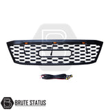 Matte black aftermarket grille with three bright amber LED lights, designed for Toyota Hilux 2005–2011 (MK6). Made from durable ABS plastic with a smooth black finish, it fits using existing mounting points with no drilling require
