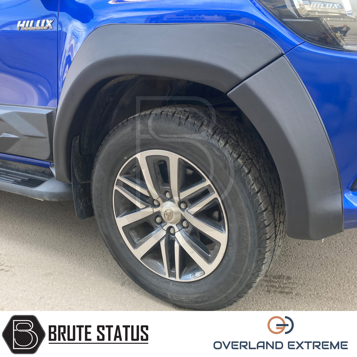 Overland Extreme matte black wide wheel arches for Toyota Hilux 2015–2020 double cab, made from premium ABS plastic with rubber seal interface, precision CAD designed for perfect fitment and UV-protected for long-lasting finish.