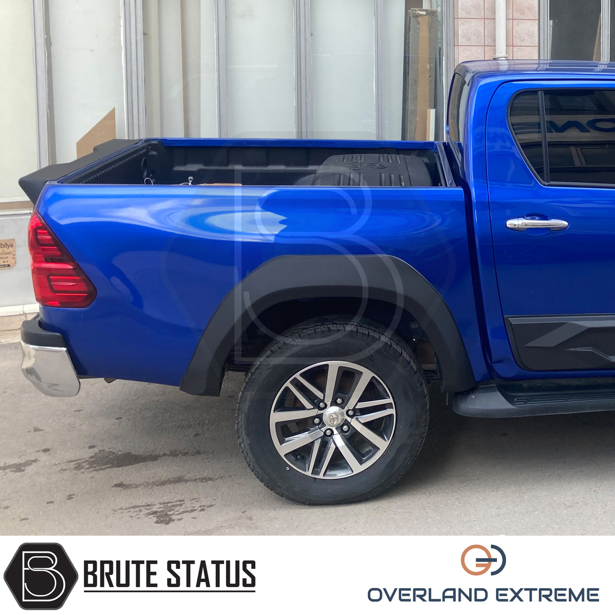 Overland Extreme matte black wide wheel arches for Toyota Hilux 2015–2020 double cab, made from premium ABS plastic with rubber seal interface, precision CAD designed for perfect fitment and UV-protected for long-lasting finish.